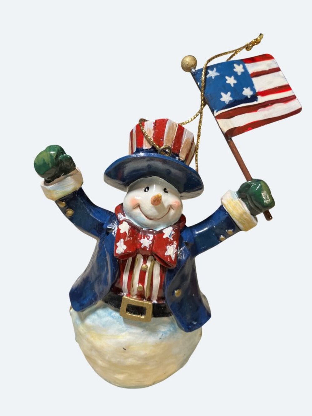 Patriotic All American Snowman Figurine With USA Flag Christmas Ornament